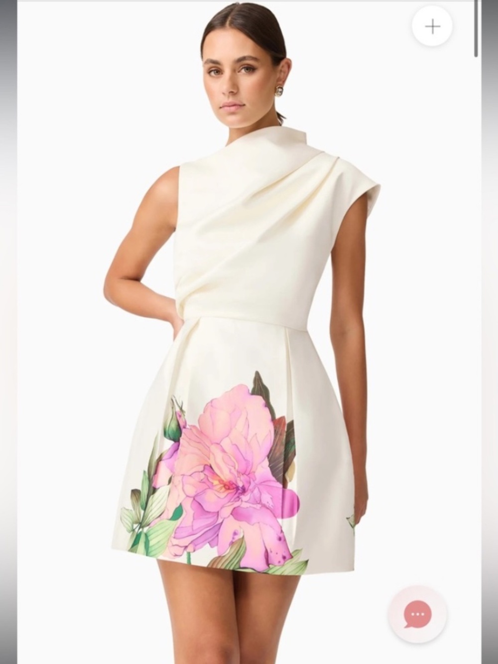 elliatt azelie white asymmetrical draped pink floral print mini dress size large